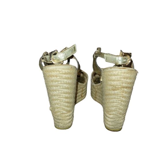 COACH LEAH Wedge Platform Open Toe Gold Tan Monogram High Heel Sandal 8.5 - Picture 6 of 11